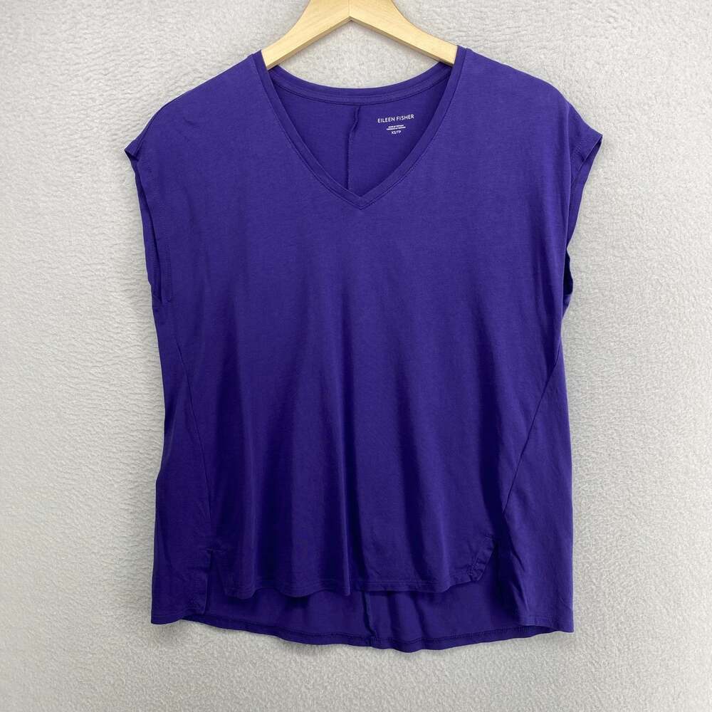 EILEEN FISHER Top XS Slub Organic Pima Cotton Jersey V-Neck Cap Sleeve Blue